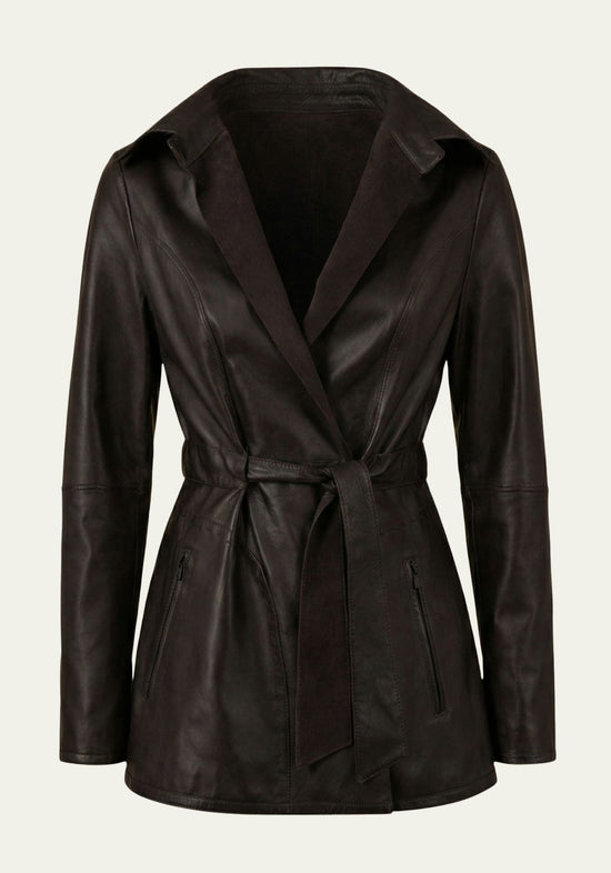 Women's reversible jacket in dark brown leather with belt, slim waist and zipped pockets