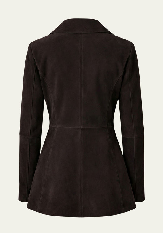 Back view of the women's reversible jacket in dark brown leather with a slightly flared hem