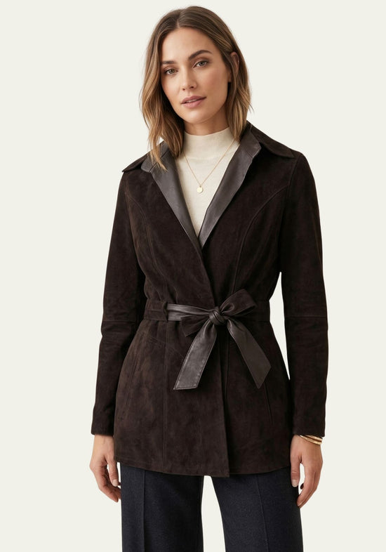 Women's reversible jacket in dark brown suede worn on a model with a belt and light lining