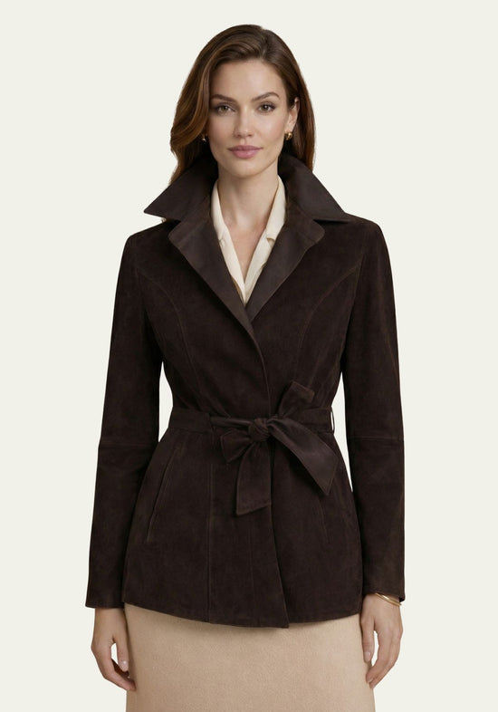 Women's reversible jacket in dark brown suede, worn closed on a model with a belt