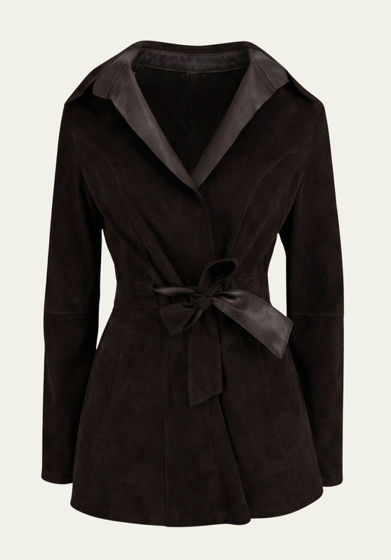 Women's reversible jacket in dark brown suede with belt and wide lapels, cut out