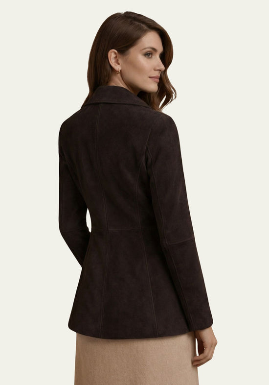 Side rear view of the women's reversible jacket in dark brown suede on a model