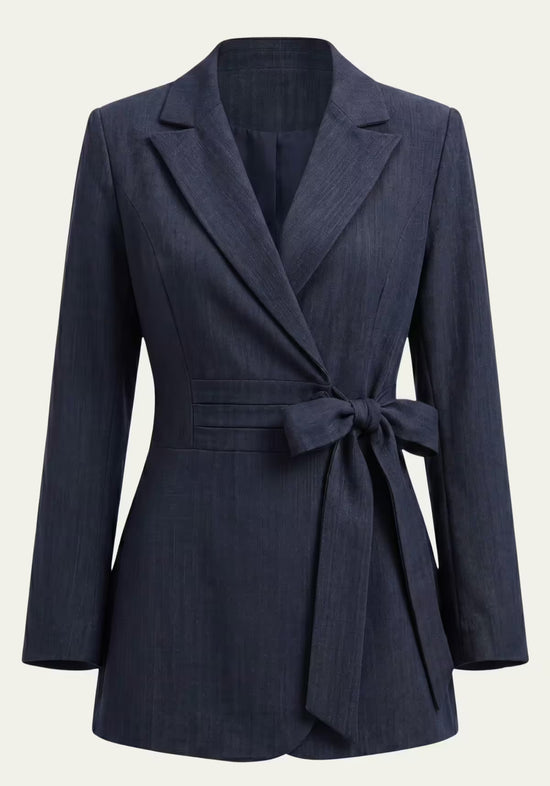 Women’s linen wrap blazer in blue, shown from the front with lapels and tie belt.