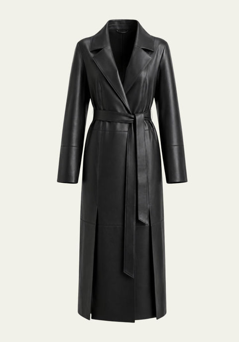 Long women’s wrap coat in black-brown lamb nappa leather, shown freestanding from the front.