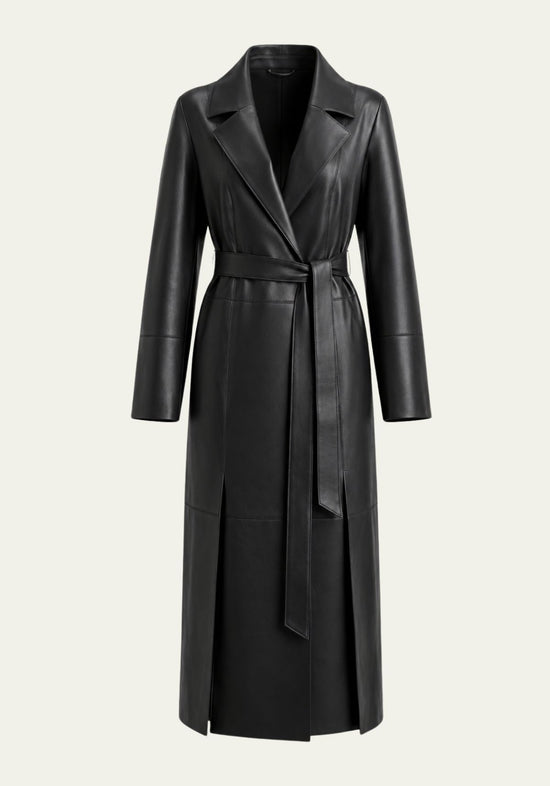 Long women’s wrap coat in black-brown lamb nappa leather, shown freestanding from the front.