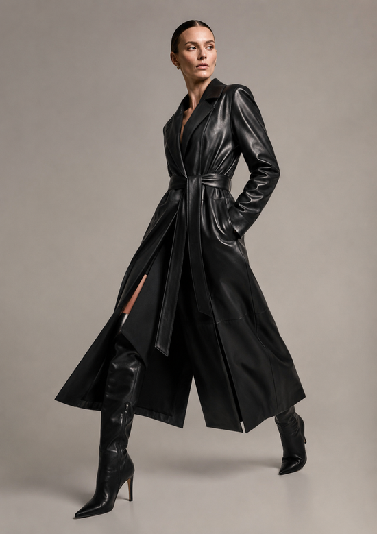 Women’s wrap coat in black-brown lamb nappa leather, shown in a walking pose with a wide hem.