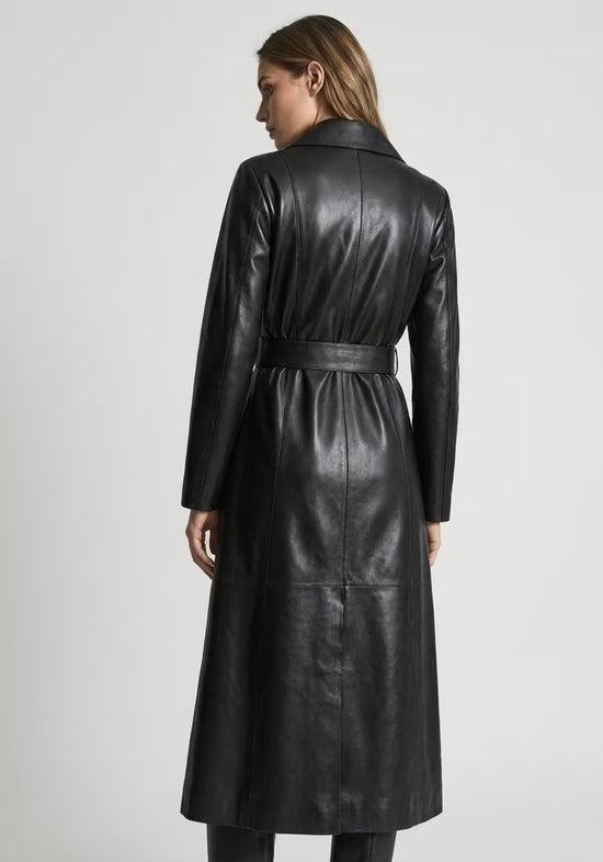 Back view of the women’s wrap coat in black-brown lamb nappa leather with a tie belt.
