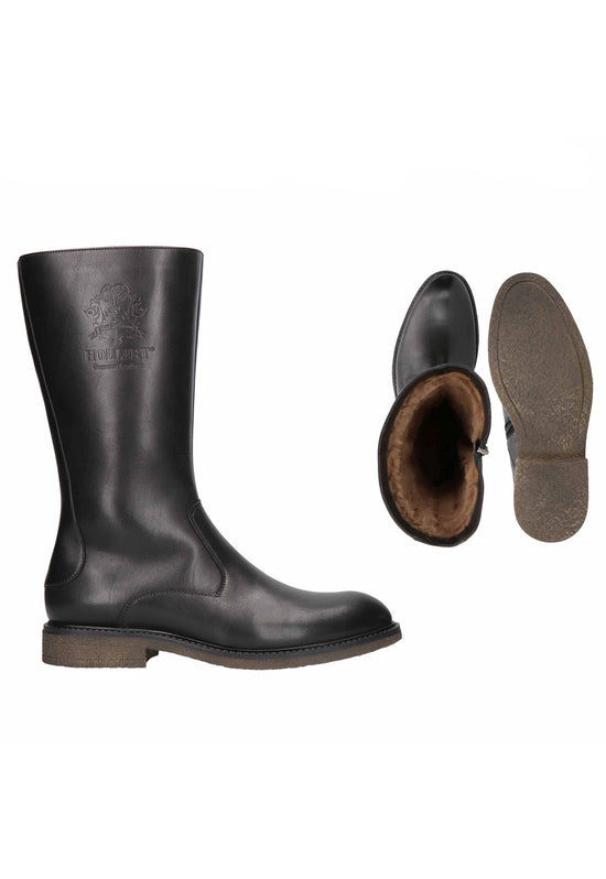 Black sheepskin men's winter boot shown as a pair with the profile and sole view.