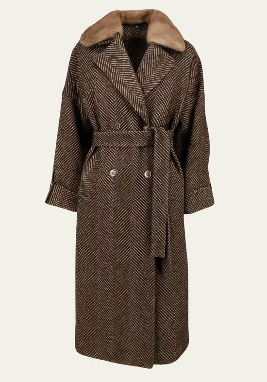 Brown women's wool coat with texture, wide lapels and belt, shown front-on on a cut-out background.