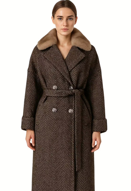 Brown women's wool coat with texture and belt, worn by a model in a front view.