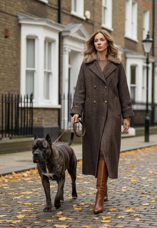 Brown women's wool coat with texture, worn outdoors from the front with belt.