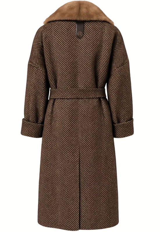Brown women's wool coat with texture and belt, shown from the back on a model.