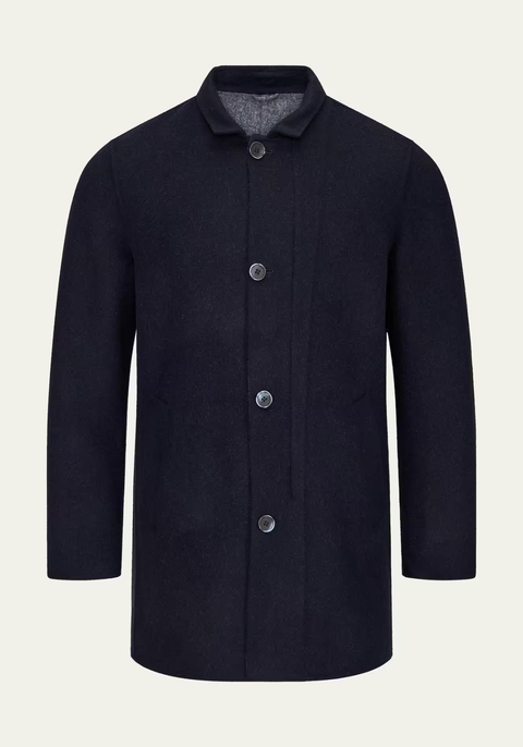 Men's wool coat in cashmere and wool, dark blue, shown front-on on a plain background