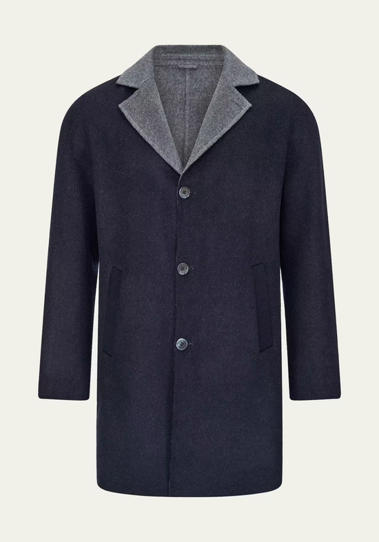 Men's wool coat in cashmere and wool, dark blue, front view cut out with grey lapels.
