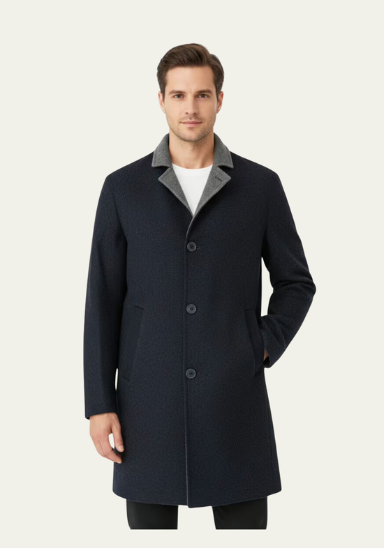 Men's wool coat in cashmere and wool, dark blue, worn from the front with grey lapels.