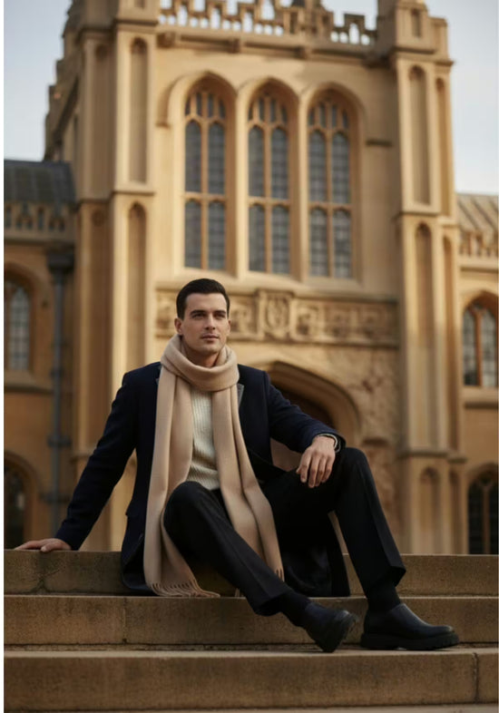 Men's wool coat in cashmere and wool, dark blue, shown in a lifestyle shot while seated with a light scarf.