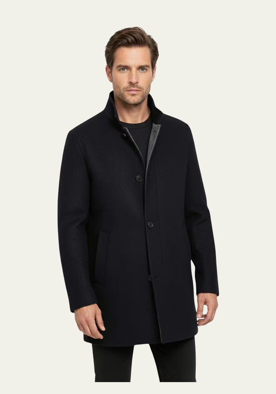 Men's wool coat in cashmere and wool, dark blue, worn by a model in a three-quarter view