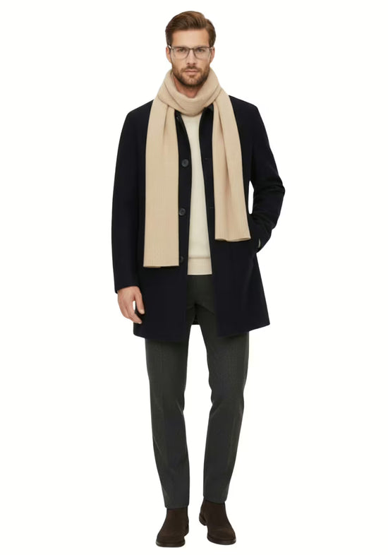 Men's wool coat in cashmere and wool, dark blue, shown as a full outfit with scarf