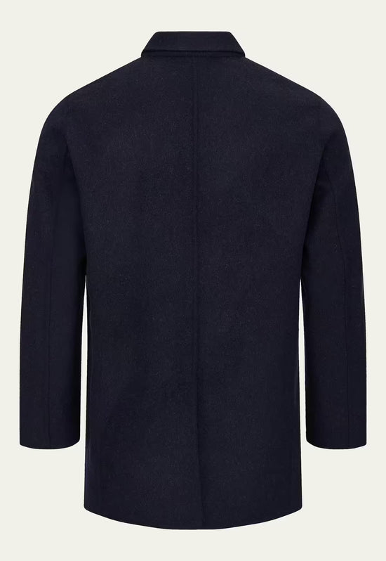Men's wool coat in cashmere and wool, dark blue, shown from the back on a plain background