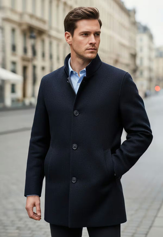 Men's wool coat in cashmere and wool, dark blue, worn casually in the city