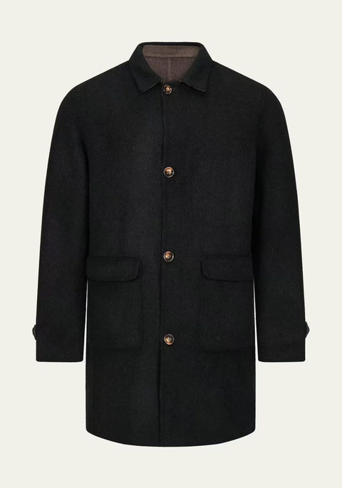 Black men's wool coat in cashmere and wool, shown from the front with button fastening.