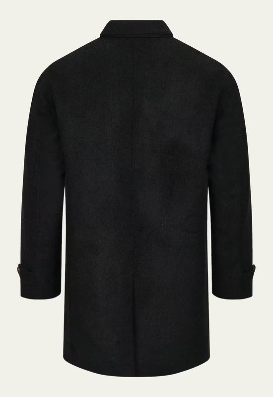 Back view of a black men's wool coat in cashmere and wool with a straight cut.